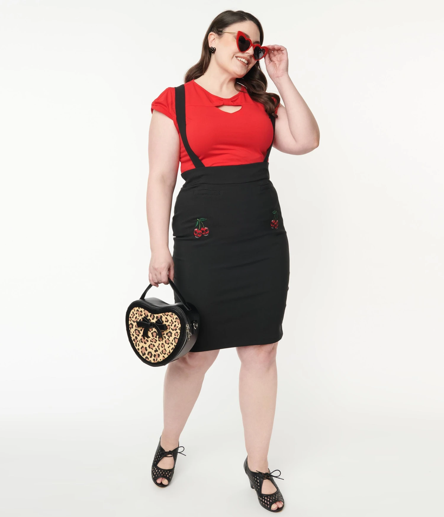 Plus Size Black Cherry Skull Suspender Wiggle Skirt