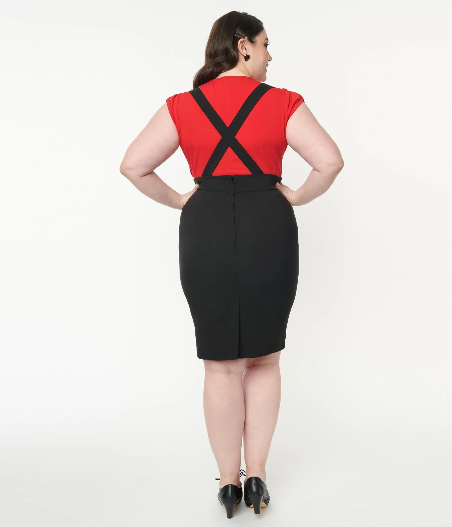 Plus Size Black Cherry Skull Suspender Wiggle Skirt - Image 2