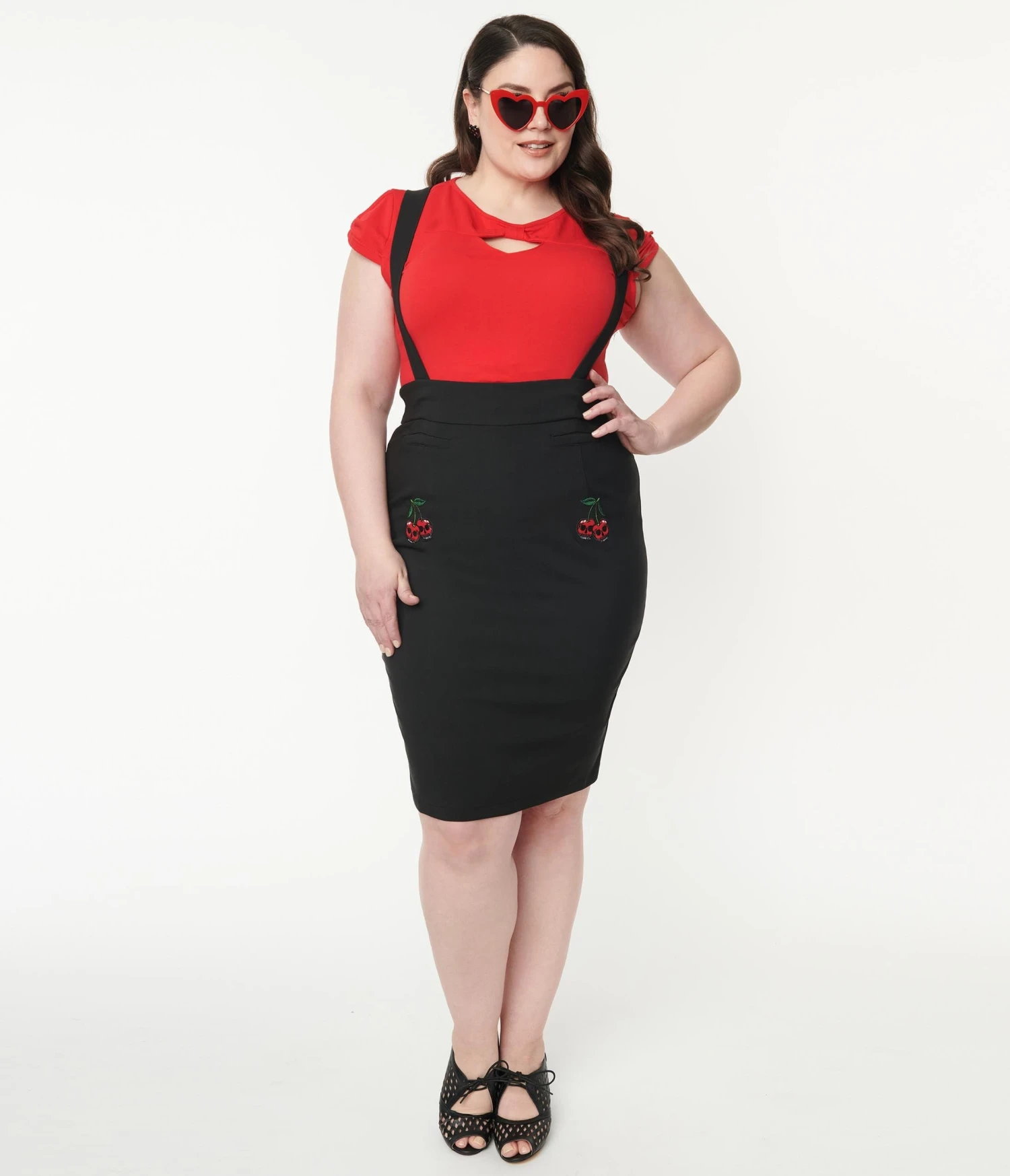 Plus Size Black Cherry Skull Suspender Wiggle Skirt - Image 5
