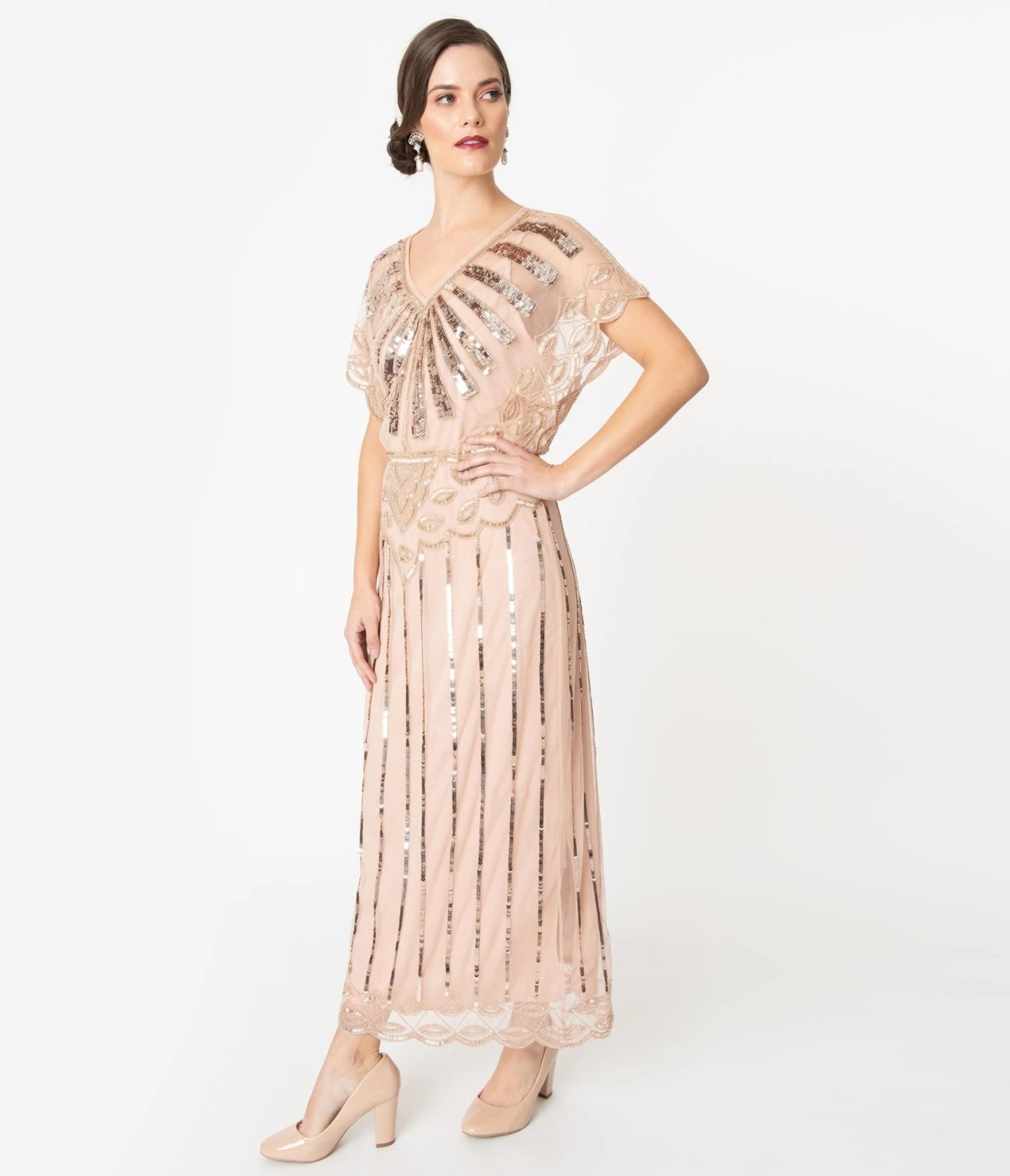 1920s Blush Pink Deco Angelina Maxi Flapper Dress - Image 4