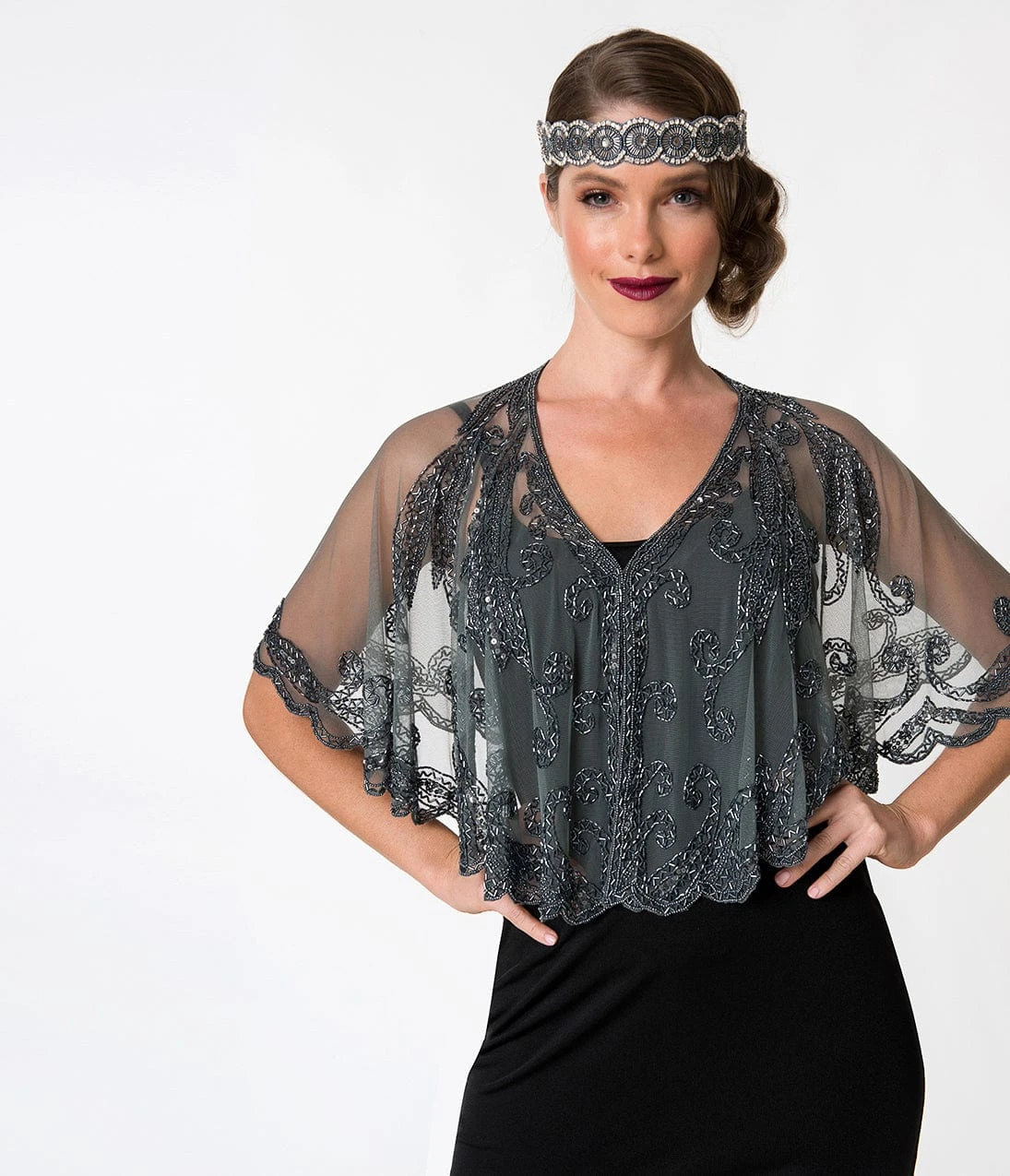 1920s Style Grey & Gun Metal Beaded Sheer Mesh Capelet - Image 3