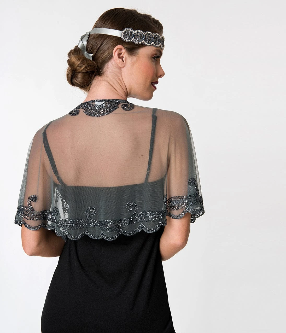 1920s Style Grey & Gun Metal Beaded Sheer Mesh Capelet - Image 2