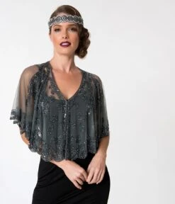 1920s Style Grey & Gun Metal Beaded Sheer Mesh Capelet