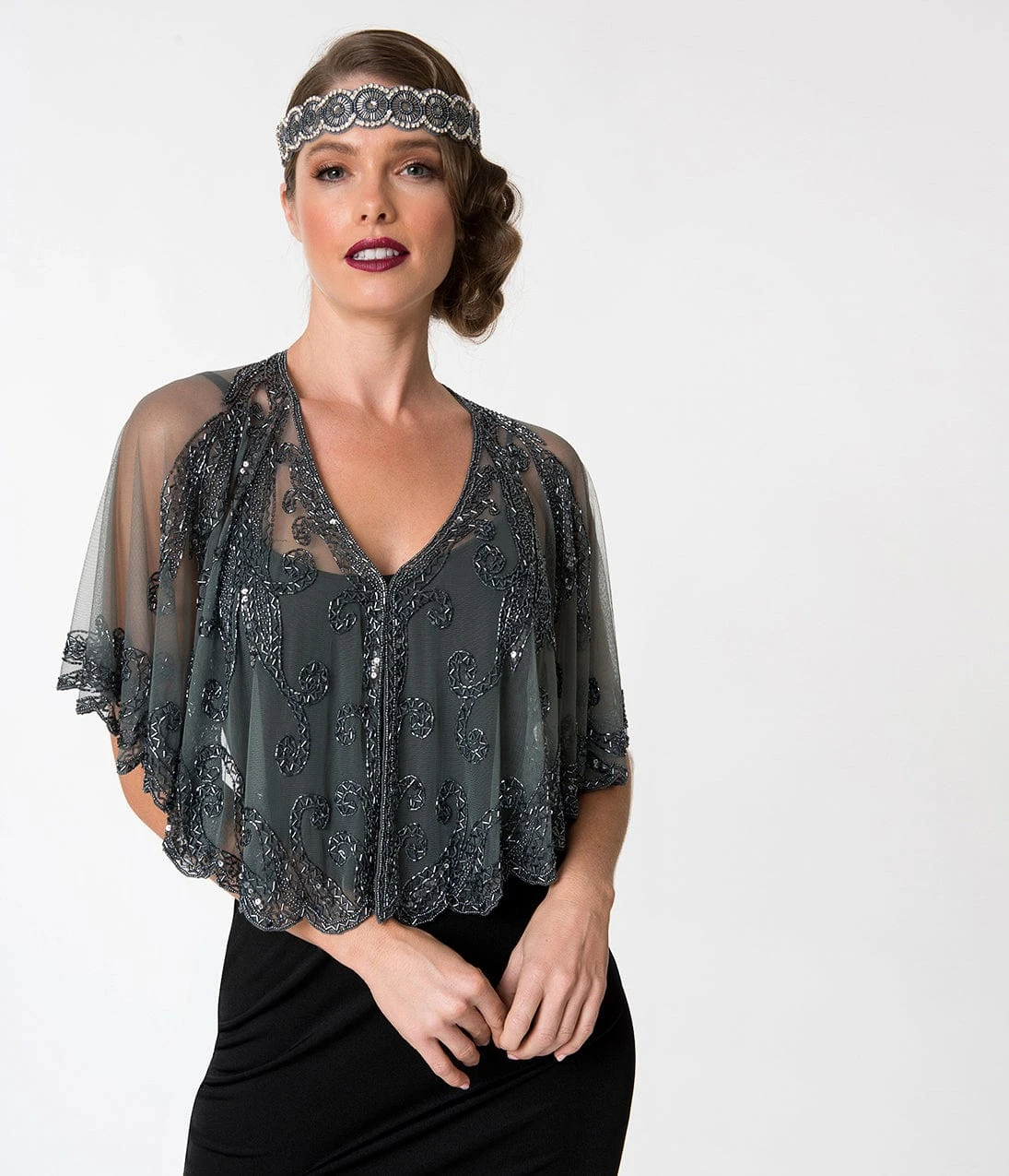1920s Style Grey & Gun Metal Beaded Sheer Mesh Capelet