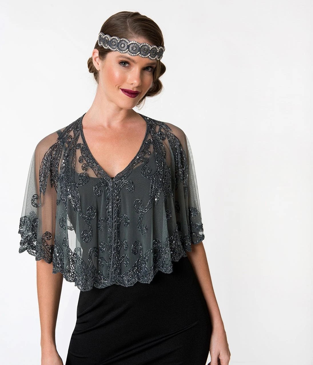 1920s Style Grey & Gun Metal Beaded Sheer Mesh Capelet - Image 4