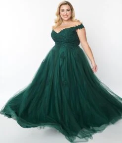 1950s Style Plus Size Emerald Floral Off The Shoulder Ball Gown