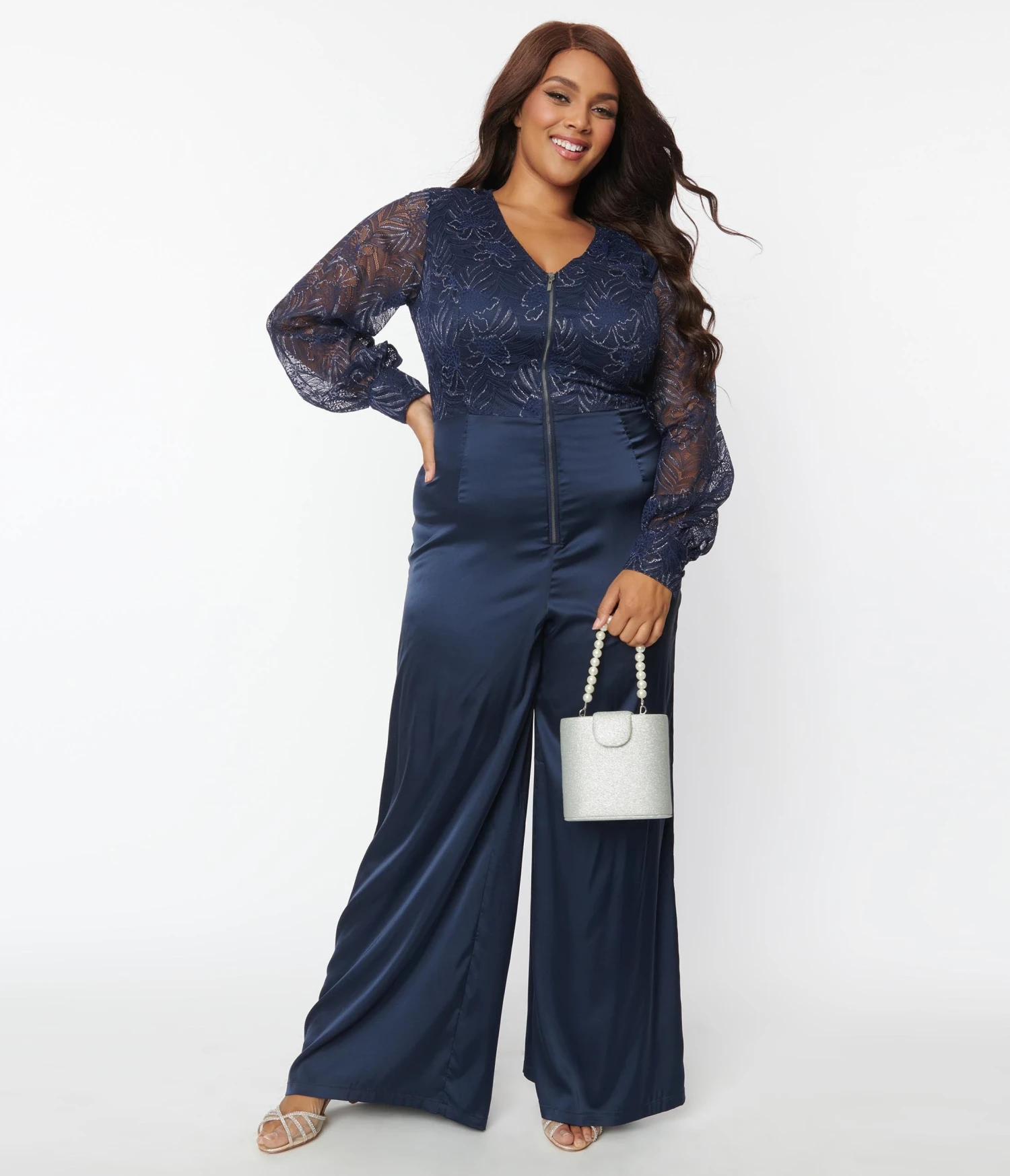 Unique Vintage Plus Size Navy Sparkle Lace Jumpsuit & Skirt Overlay - Image 4