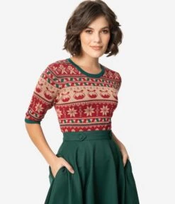 Retro Style Red & Green Holiday Fair Isle Knit Sweater