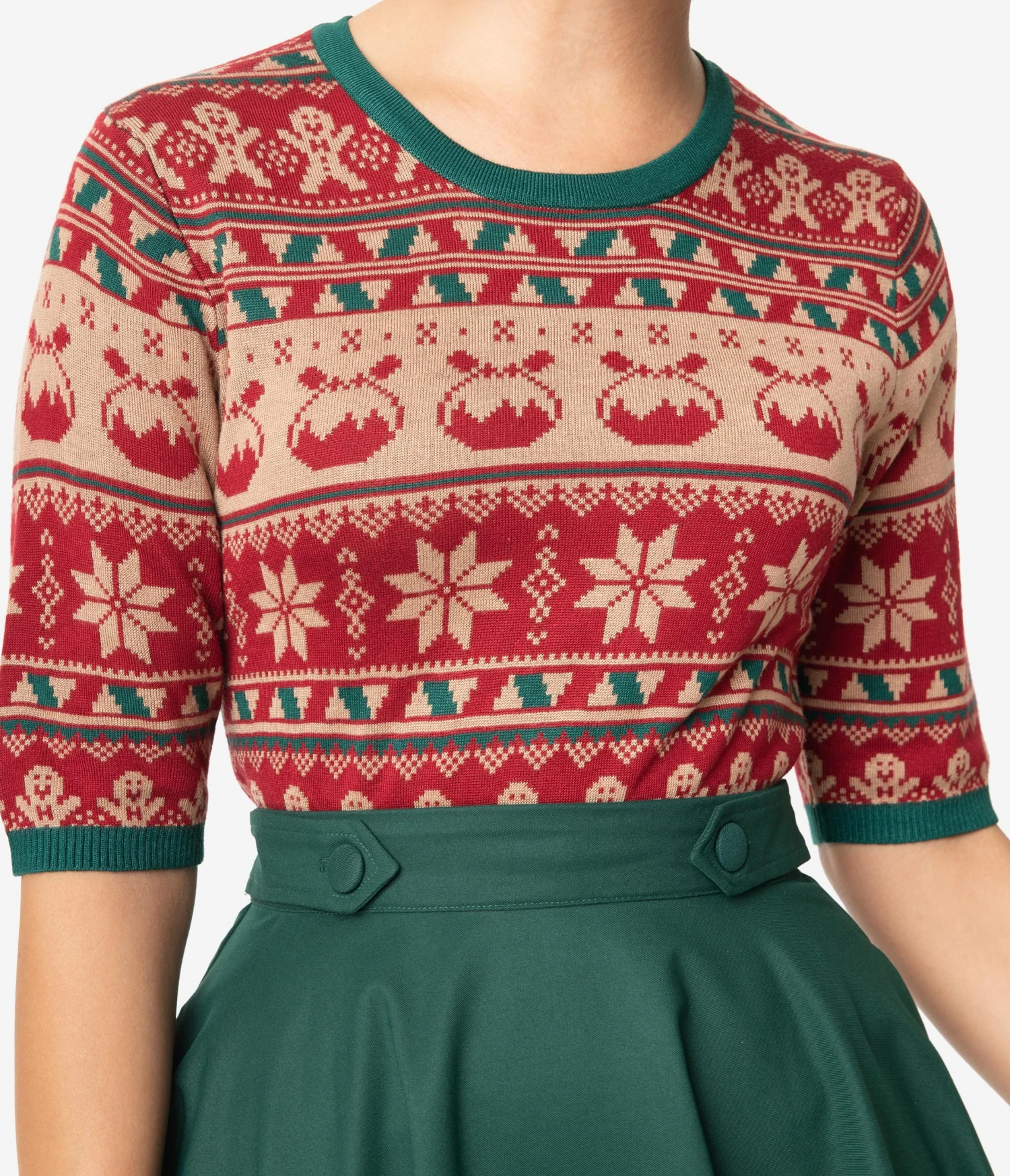Retro Style Red & Green Holiday Fair Isle Knit Sweater - Image 2