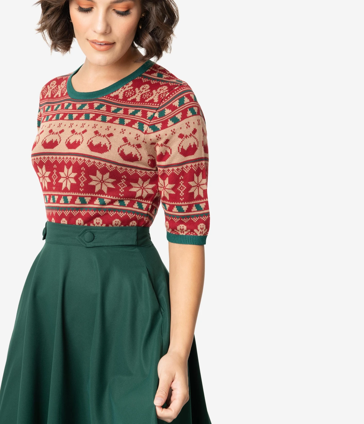 Retro Style Red & Green Holiday Fair Isle Knit Sweater - Image 4