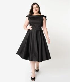 Plus Size 1950s Style Black Off Shoulder Mona Swing Dress