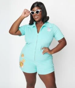 Barbie X Unique Vintage Plus Size Light Blue Terry Cloth Romper