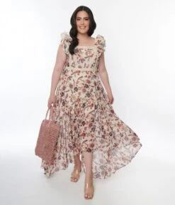 Beige Floral Ruffle High Low Maxi Dress