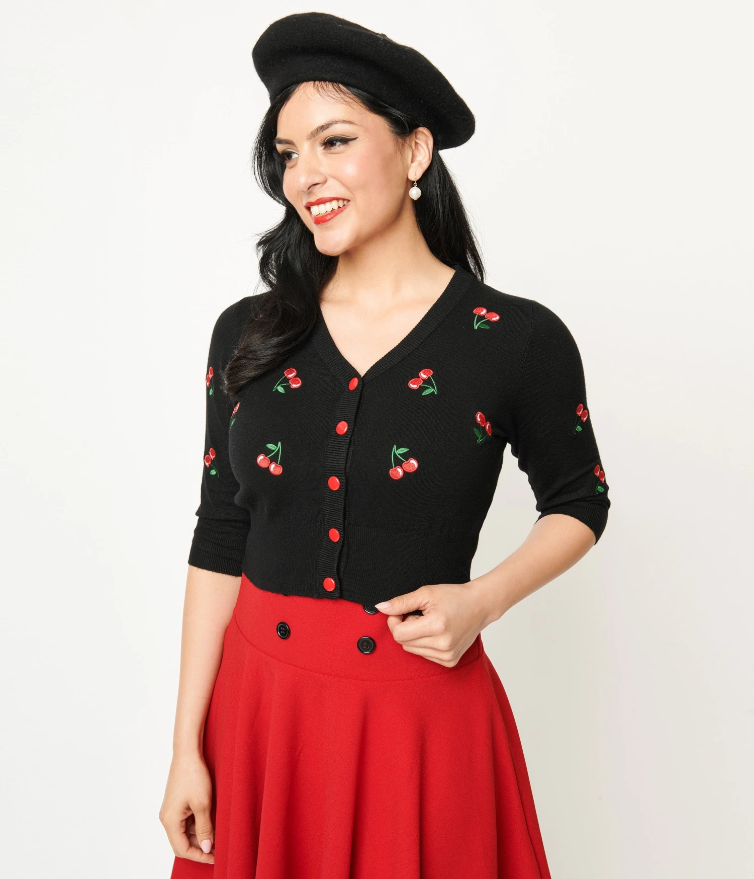 Black Cherry Embroidered Cropped Knit Cardigan - Image 2