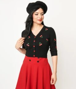 Black Cherry Embroidered Cropped Knit Cardigan