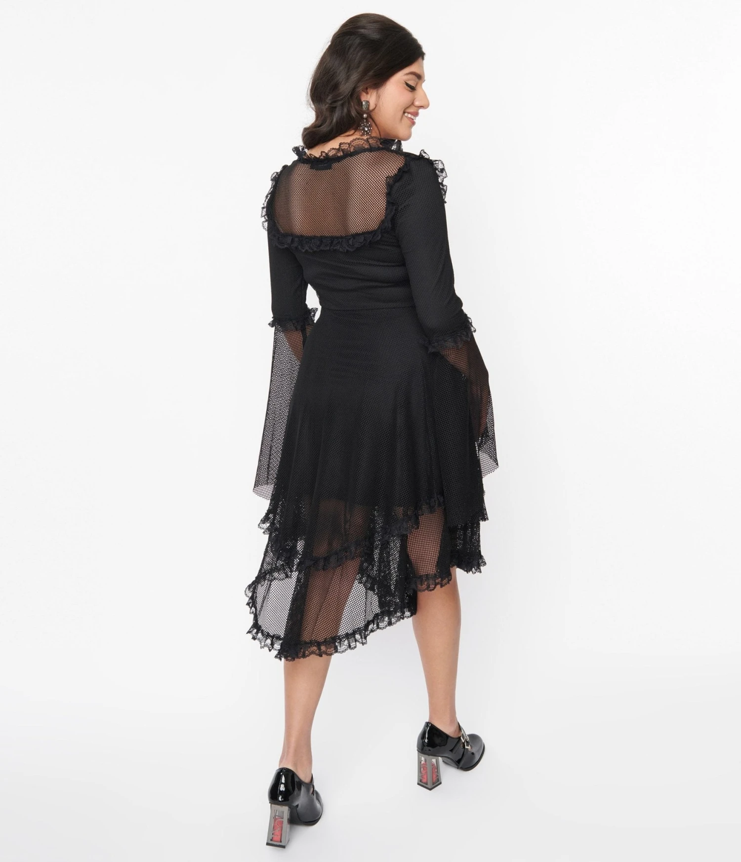 Black Fishnet Frill Flare Dress - Image 3