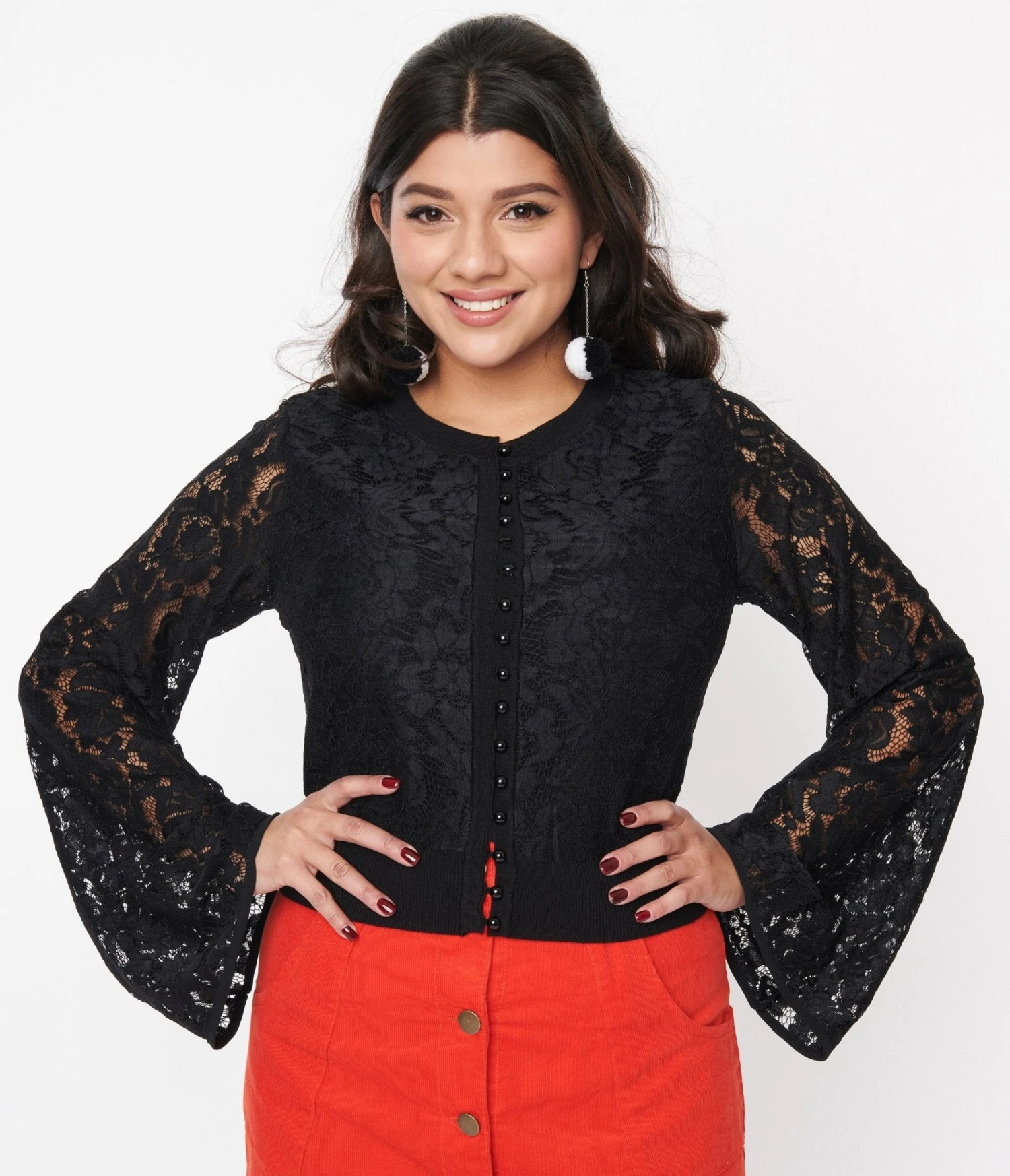 Black Floral Lace Bell Sleeve Cardigan - Image 2