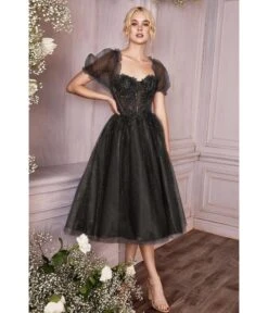 Cinderella Divine Black Glitter Floral Swing Prom Dress