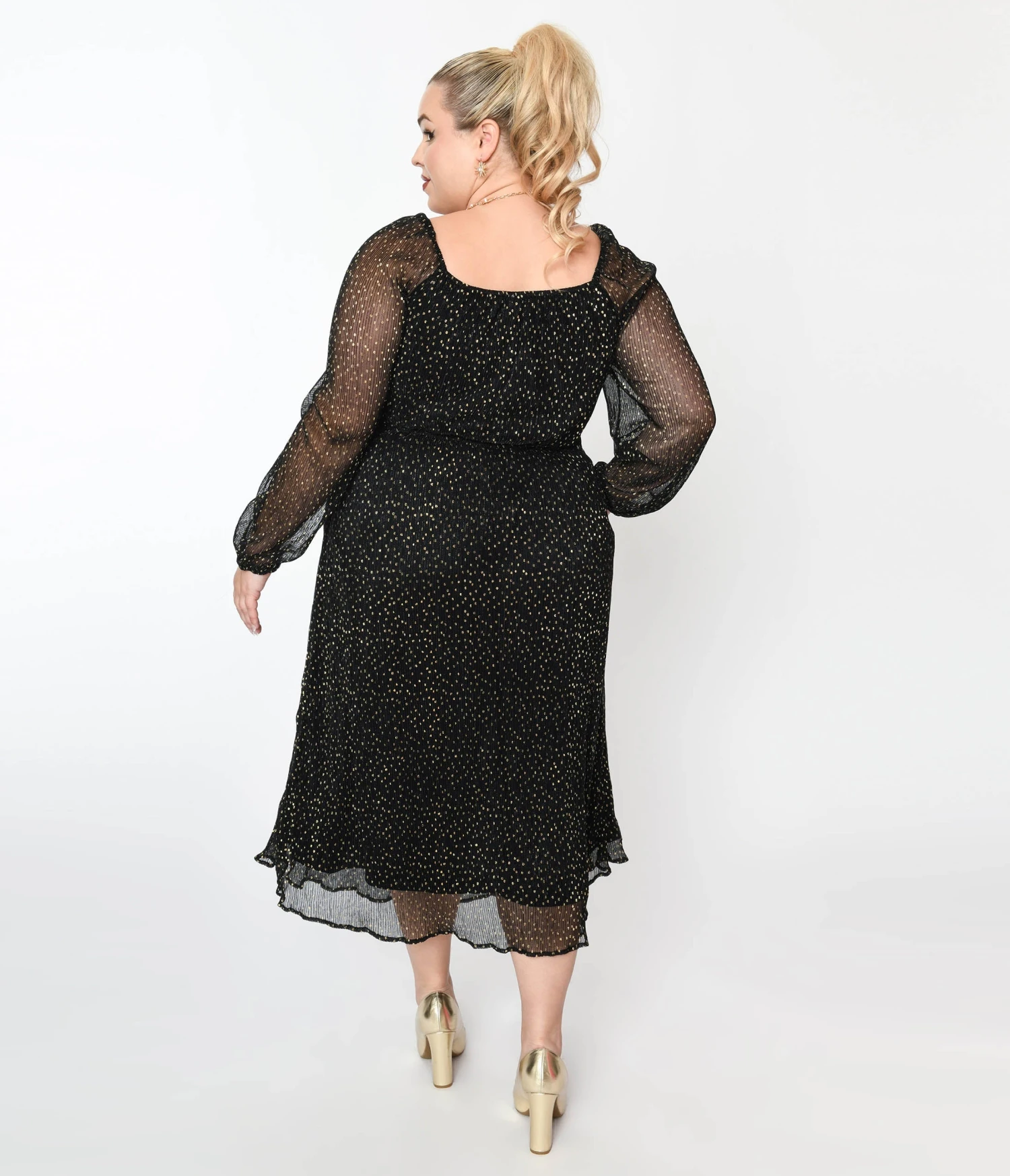 Black & Gold Foil Pin Dot Pleated Midi Dress - Image 3