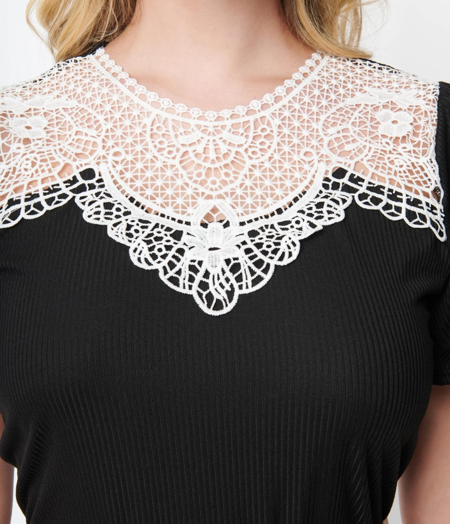 Black & Lace Trim Ribbed Knit Top - Image 2