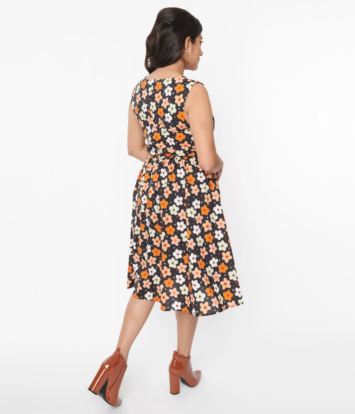 Black Multicolor Ditsy Floral Swing Dress - Image 3