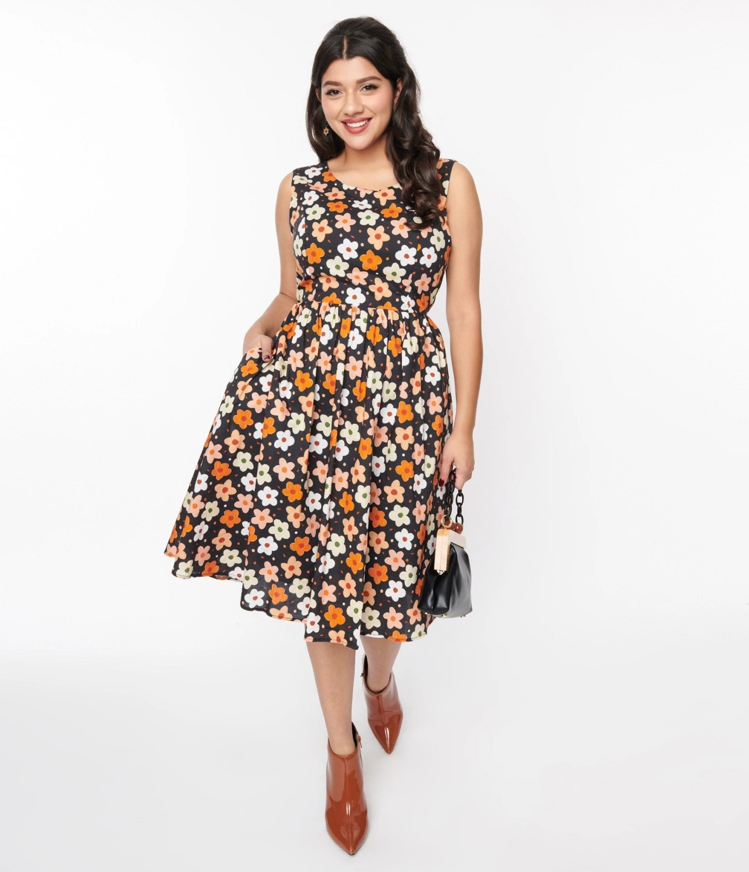 Black Multicolor Ditsy Floral Swing Dress - Image 2