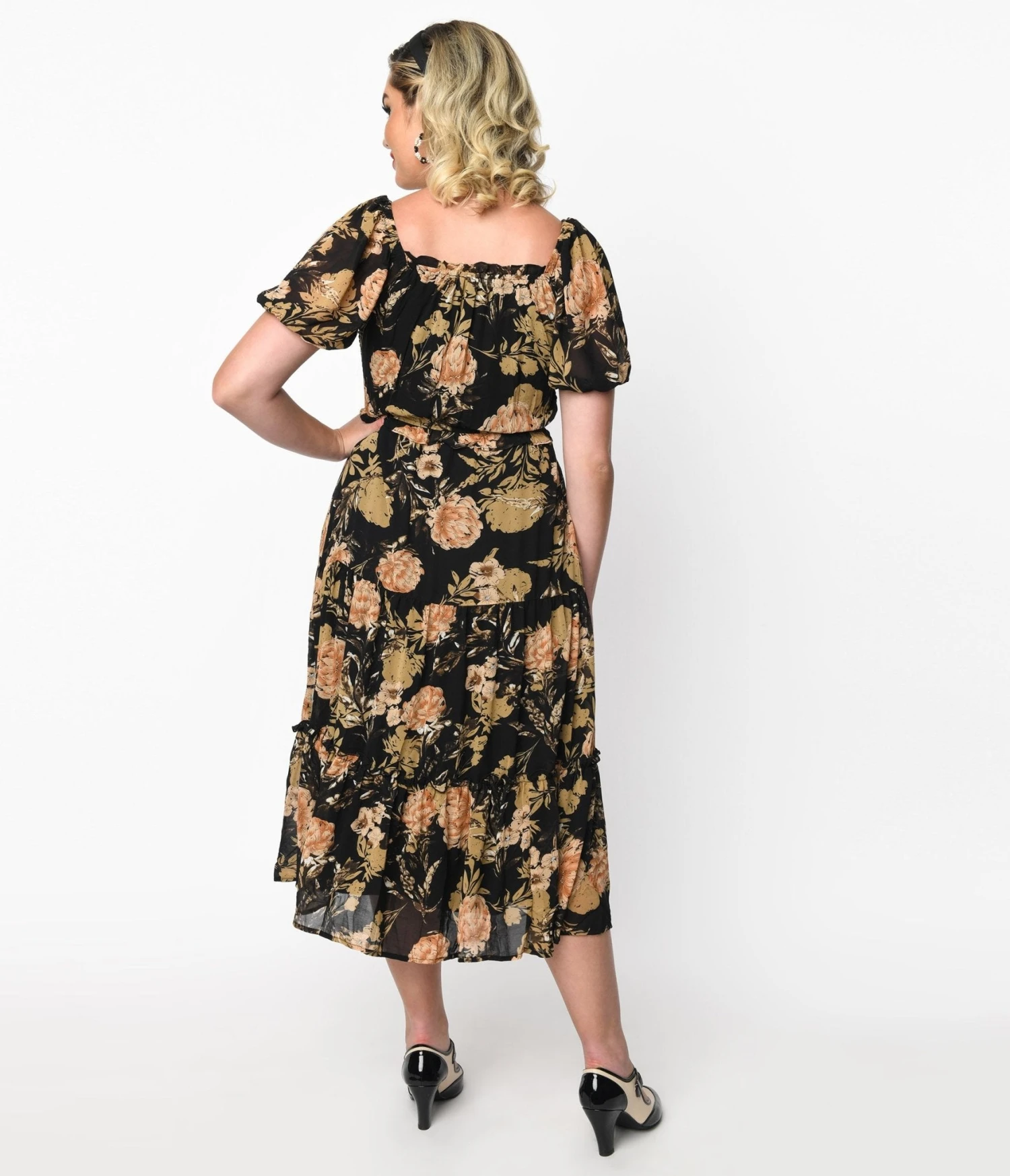 Black & Pink Antique Floral Smocked Puff Sleeve Midi Dress - Image 3