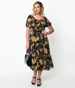Black & Pink Antique Floral Smocked Puff Sleeve Midi Dress