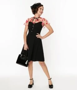 Black & Pink Floral Mesh Illusion Neckline Flare Dress