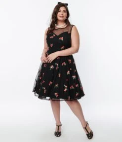 Black Polka Dot Tulle & Pink Floral Swing Dress