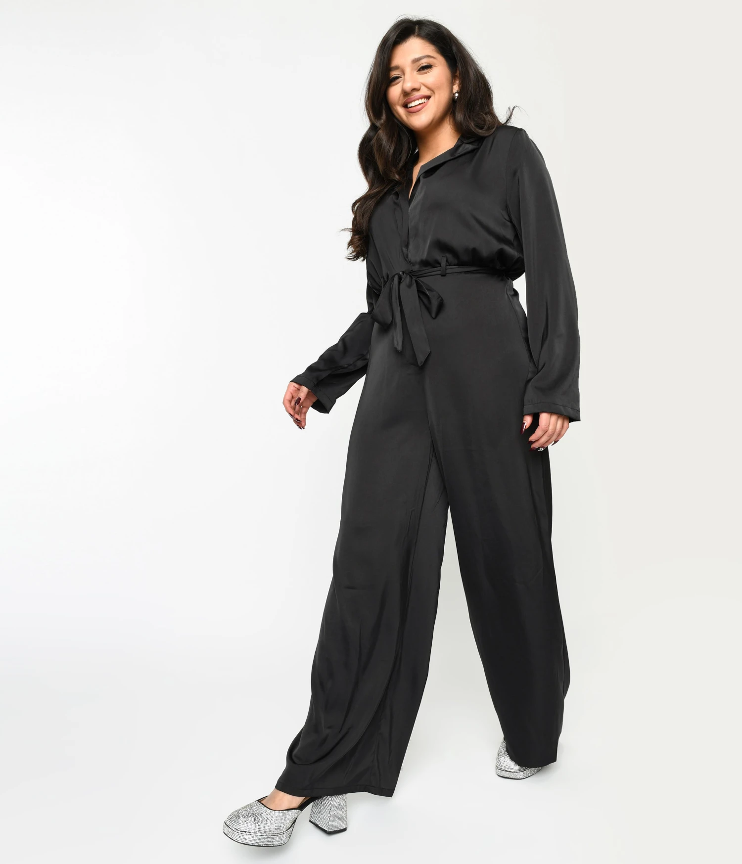 Black Satin Tie Waist Jumpsuit - Image 2
