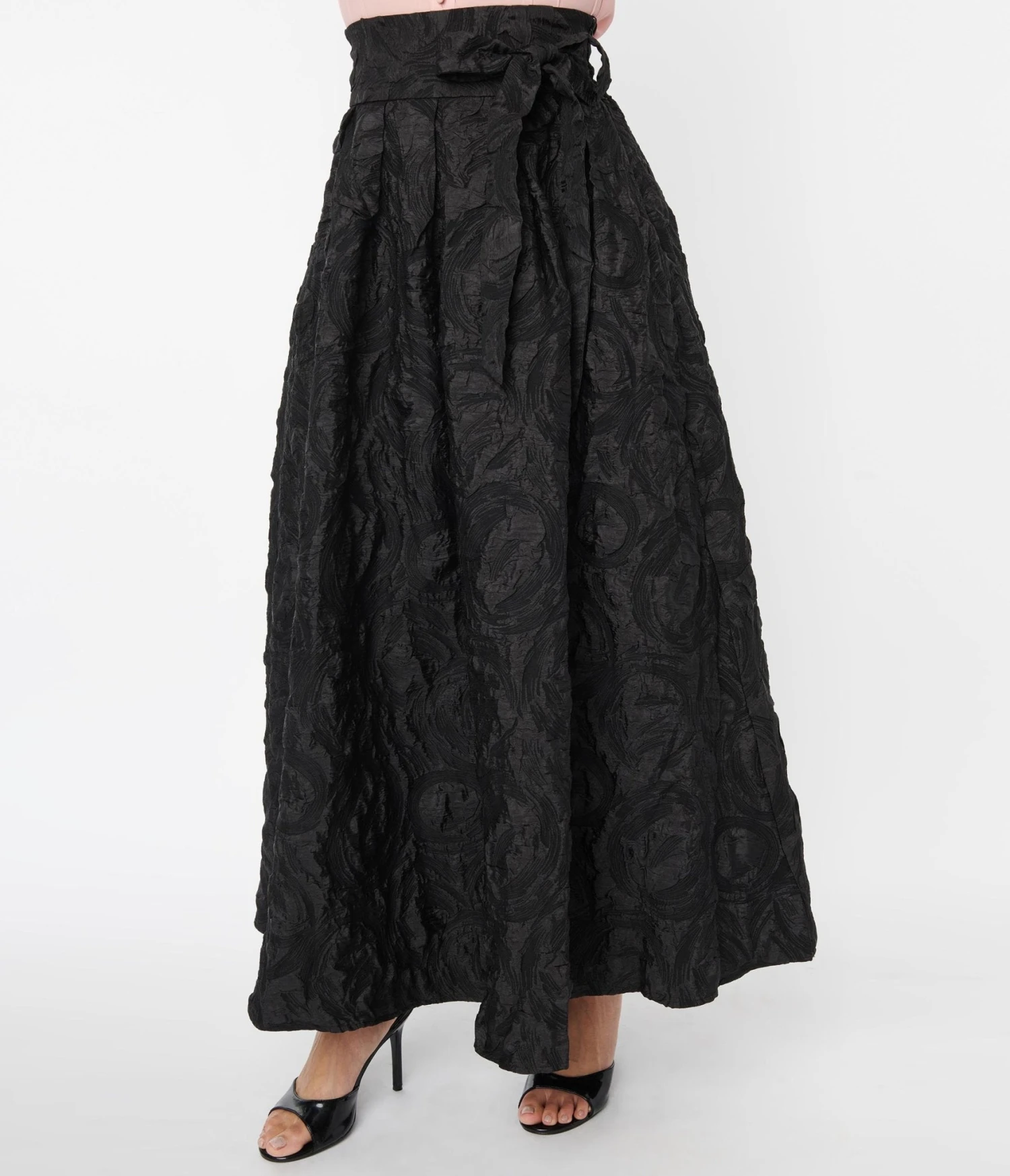 Black Textured Sashed Maxi Skirt - Image 2