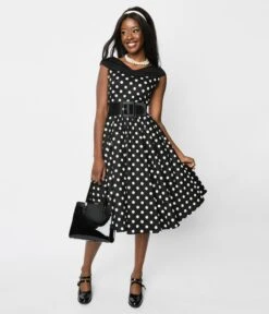 Black & White Polka Dot Off The Shoulder Swing Dress