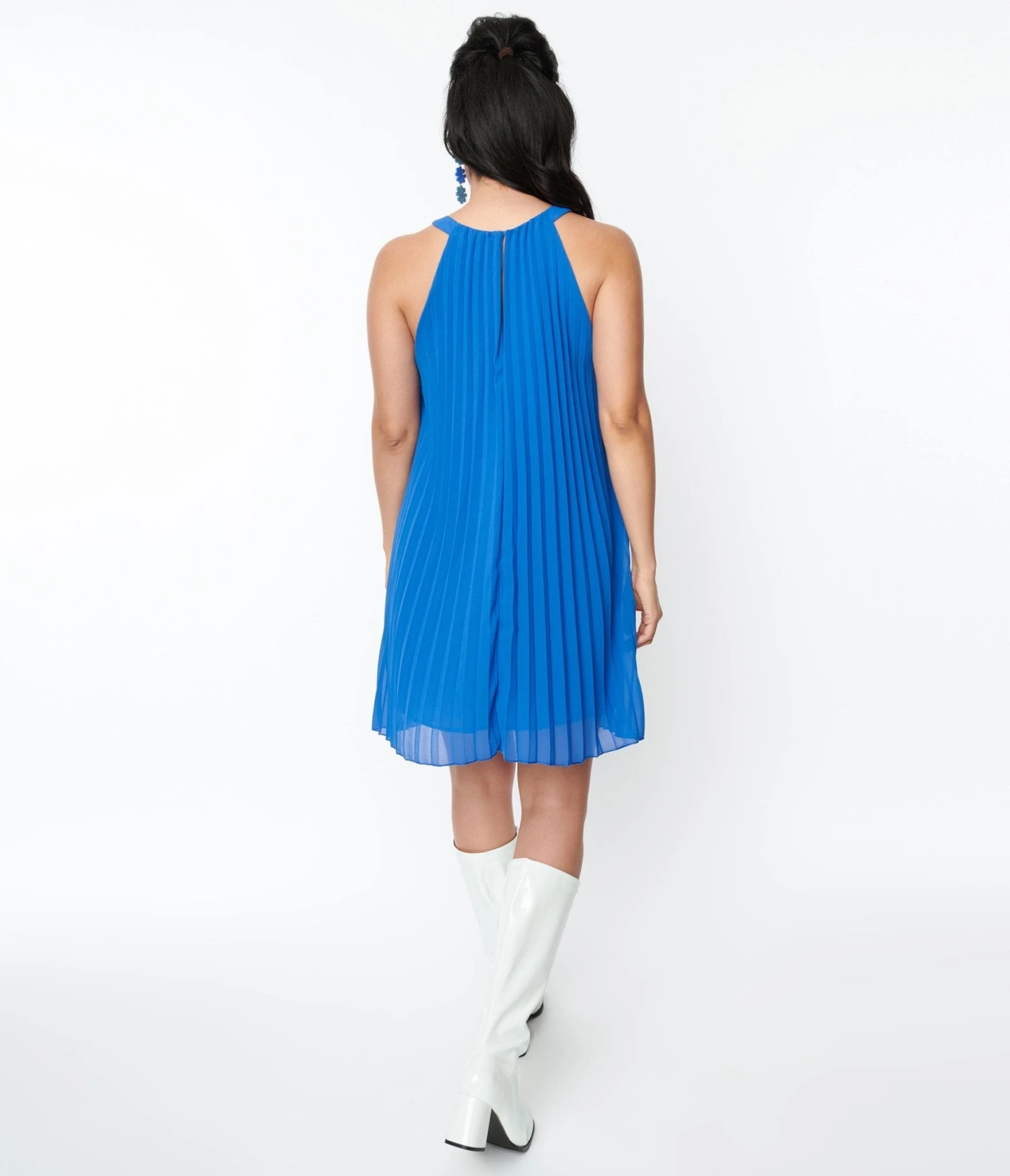 Blue Pleated Crepe Halter Shift Dress - Image 2