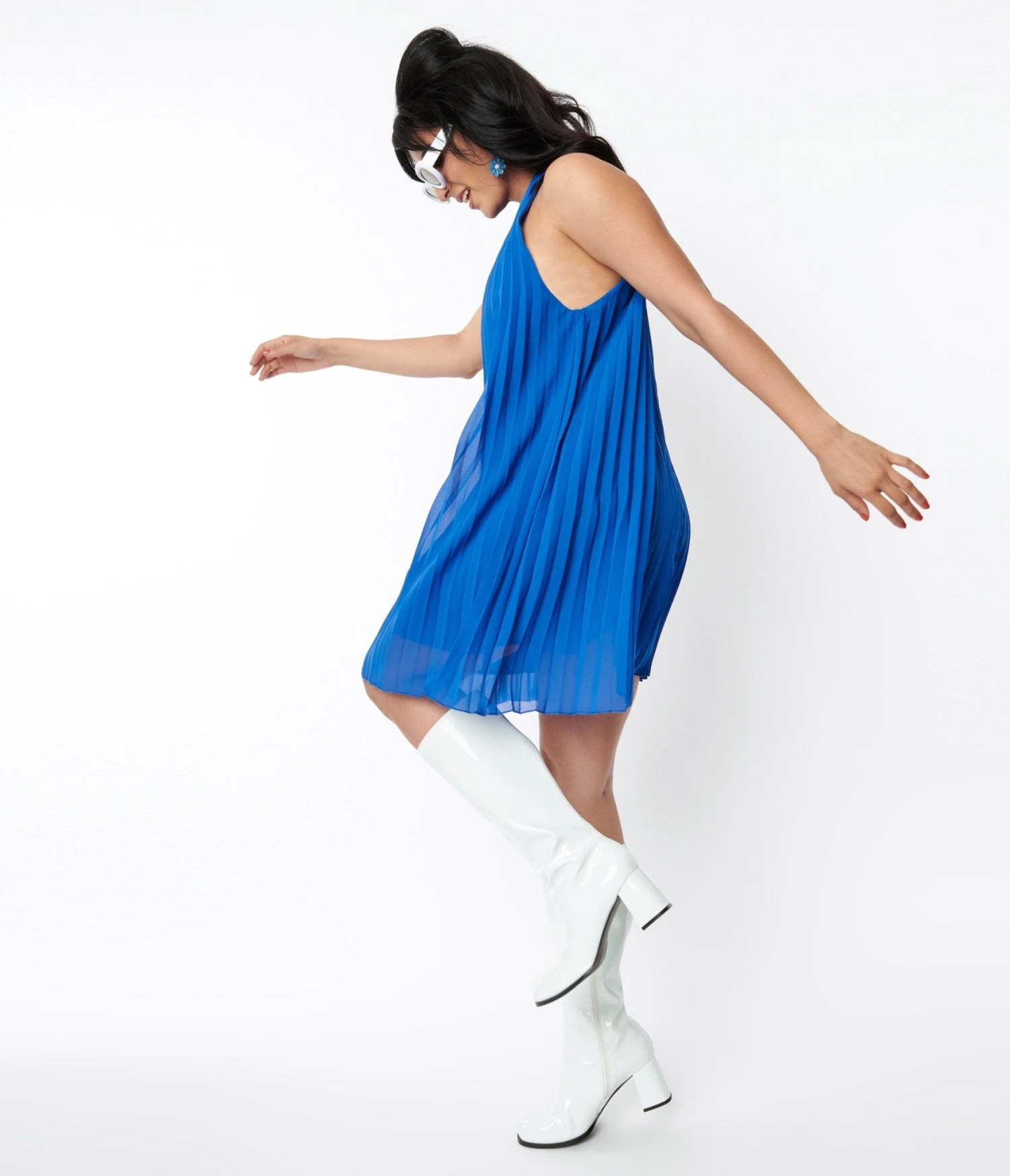 Blue Pleated Crepe Halter Shift Dress - Image 3