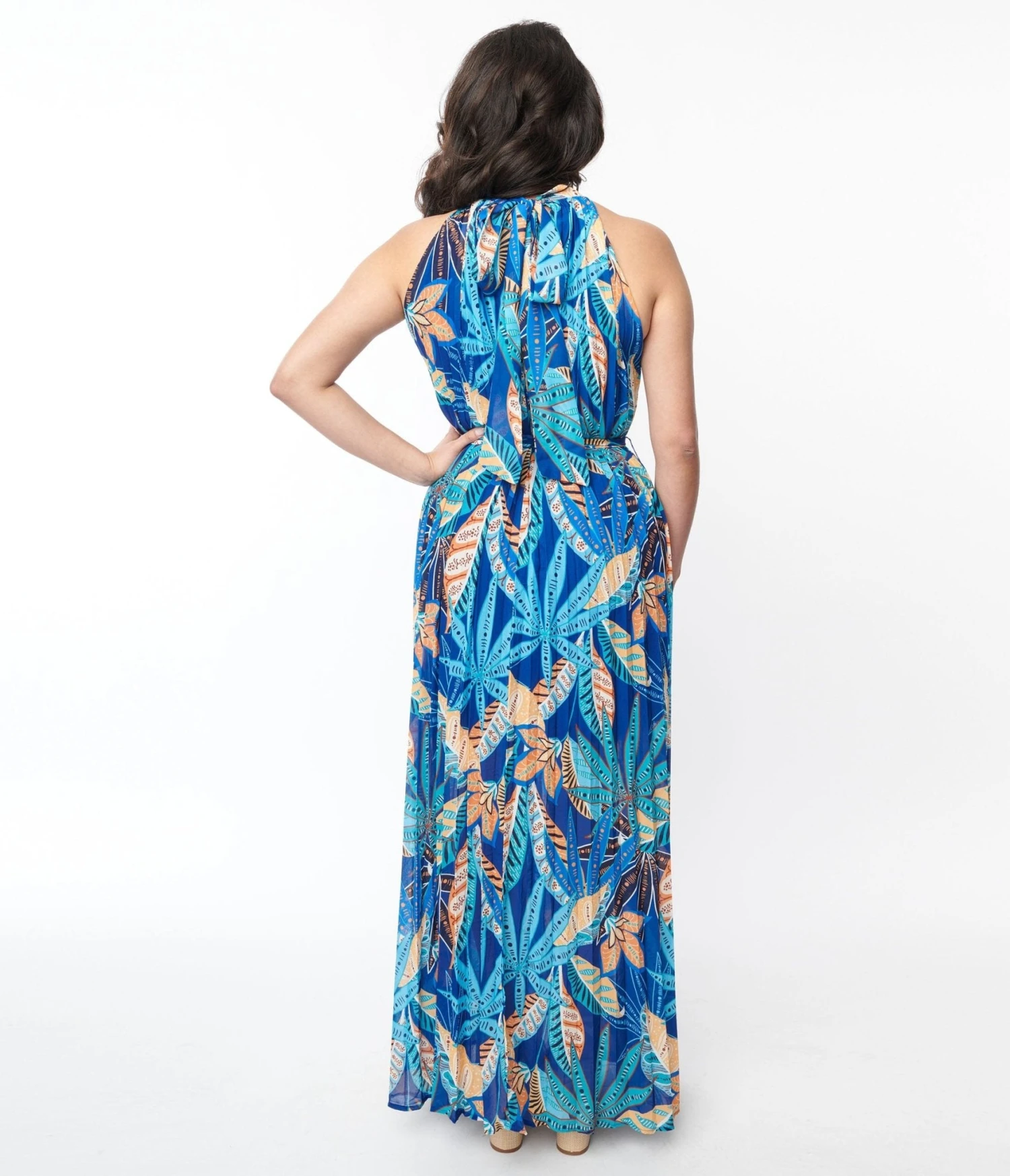 Blue Tropical Pleated Maxi Dress - Image 3