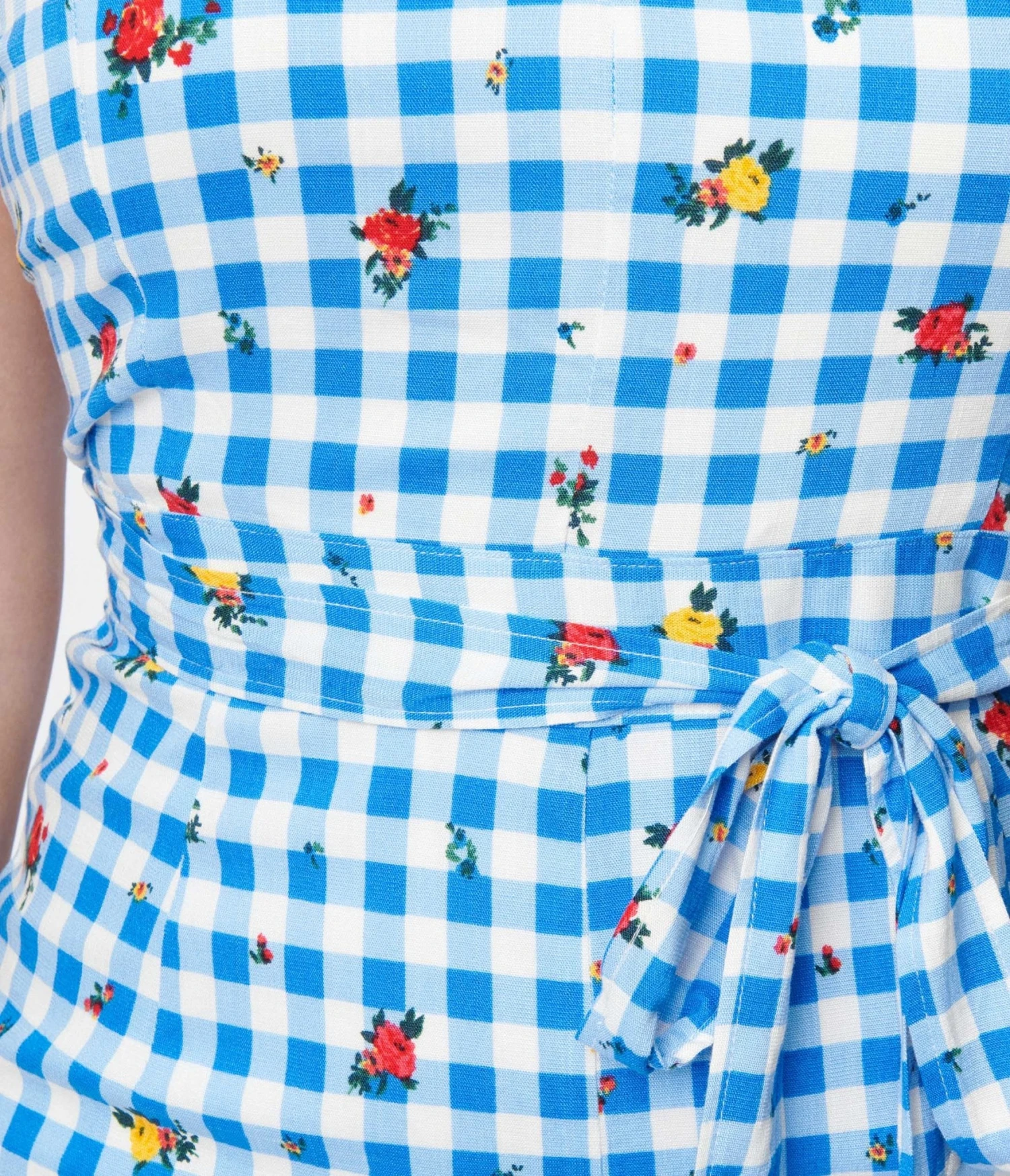 Blue & White Gingham Rosebud Dorothy Tie Romper - Image 2