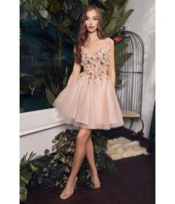 Cinderella Divine Blush Rhinestone 3D Floral & Tulle Flare Homecoming Dress