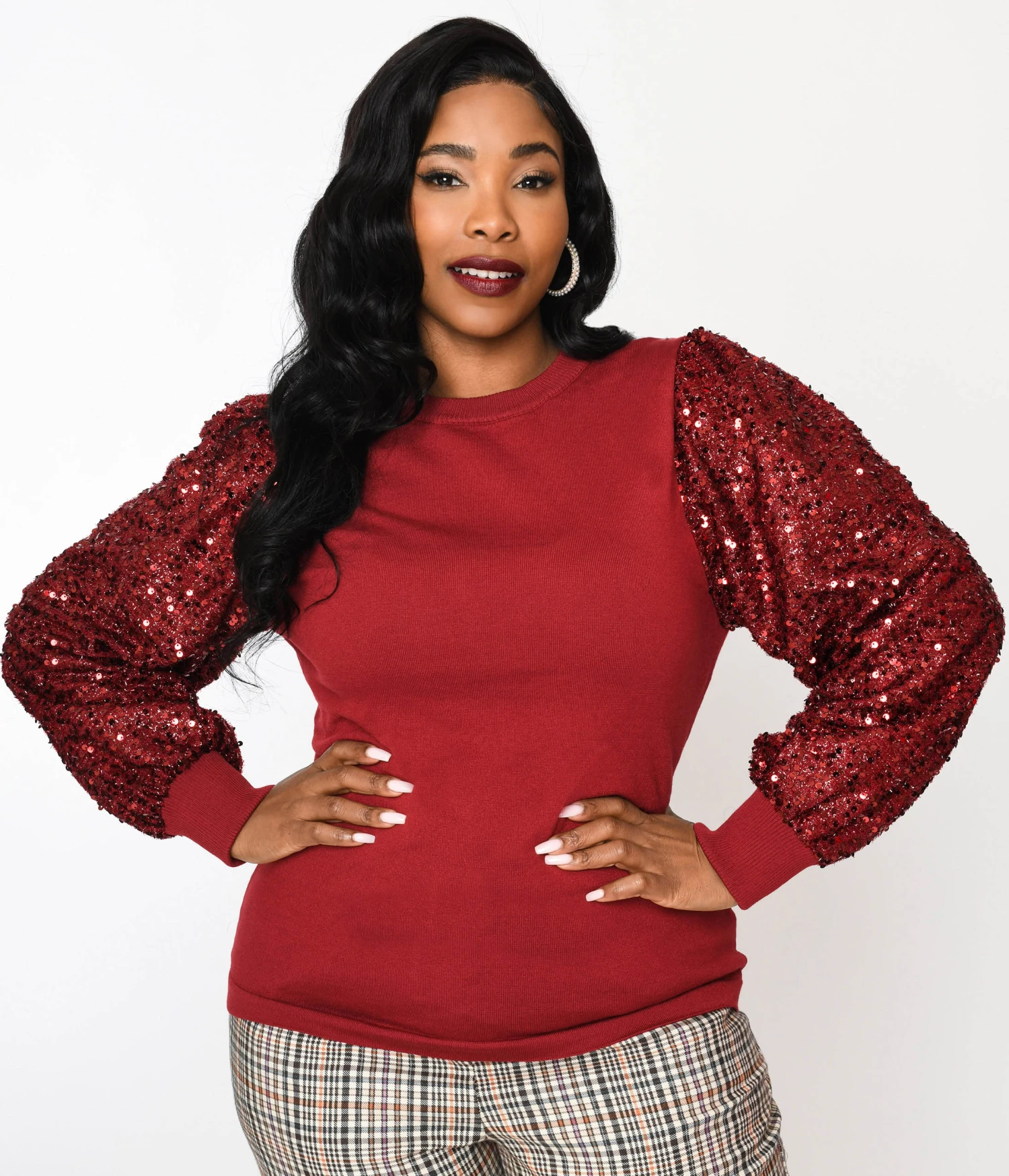 Burgundy Sequin Sleeved Knit Top - Image 2