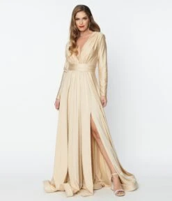 Champagne Long Sleeve Sophisticated Goddess Gown