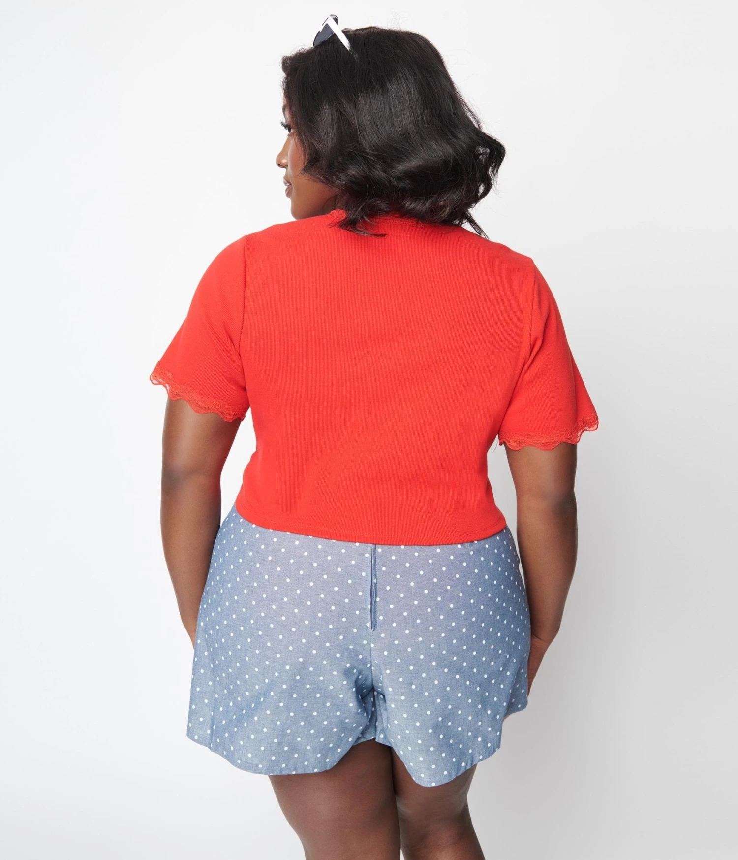 Cherry Red Scallop Lace Knit Crop Top - Image 2