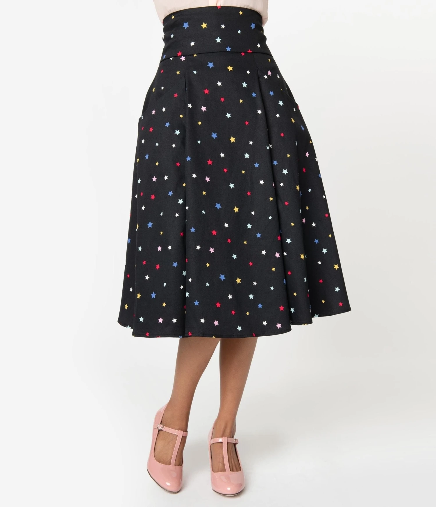 Collectif 1950s Black & Multicolor Stars Alexa Suspender Swing Skirt - Image 3
