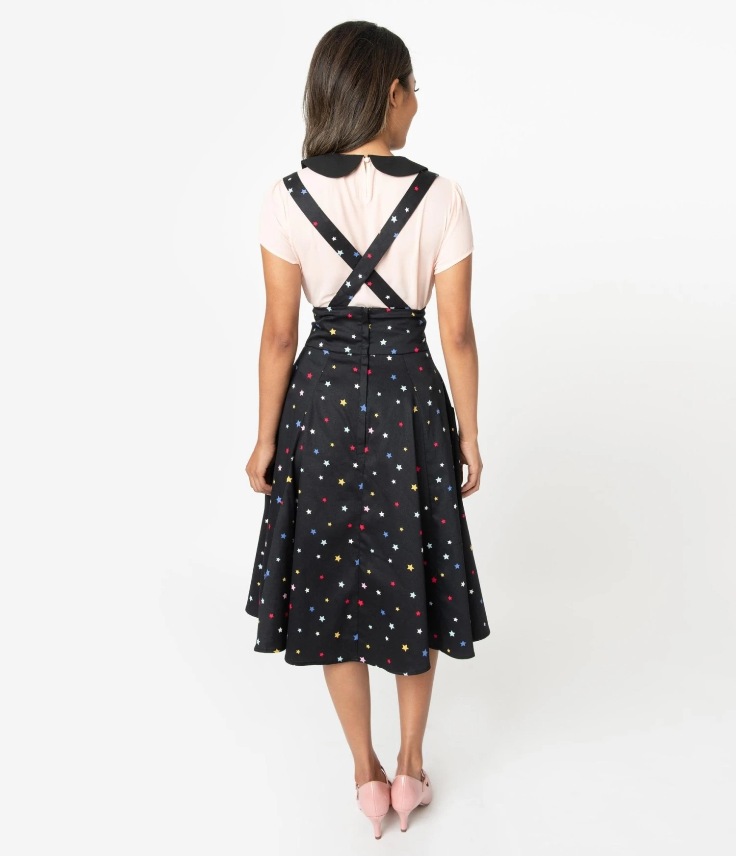 Collectif 1950s Black & Multicolor Stars Alexa Suspender Swing Skirt - Image 2