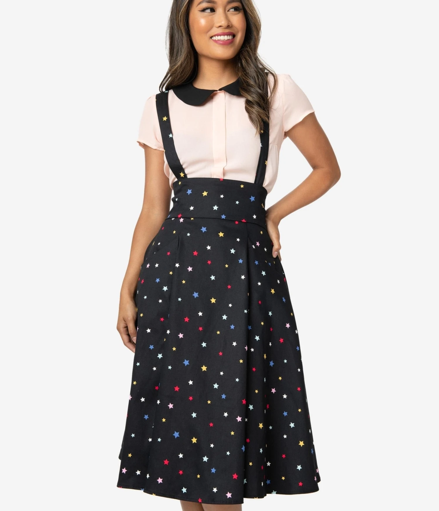 Collectif 1950s Black & Multicolor Stars Alexa Suspender Swing Skirt - Image 5