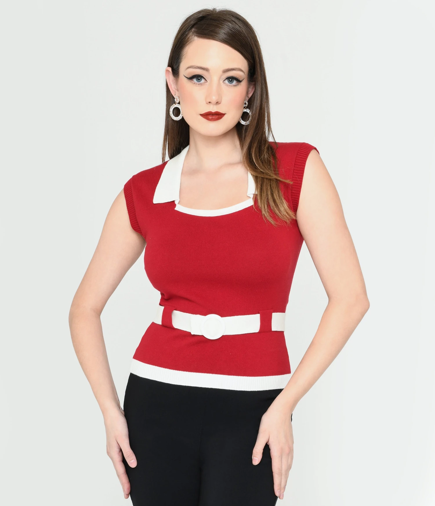 Collectif Burgundy & White Belted Norma Knit Top - Image 2