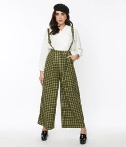 Collectif Olive Green & White Windowpane Glynda Suspender Pants