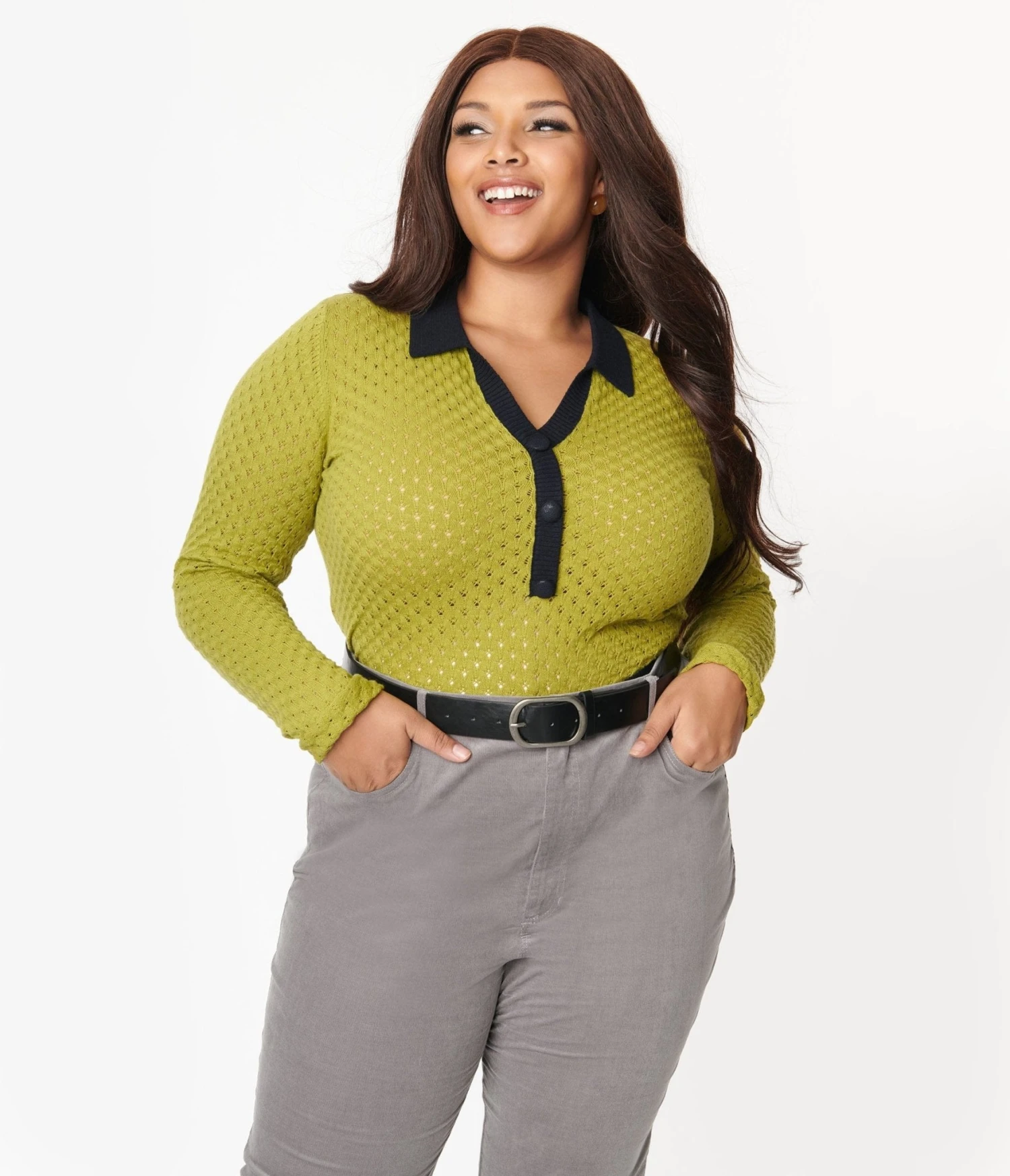 Collectif Plus Size Green Eyelet Lorelei Knit Top
