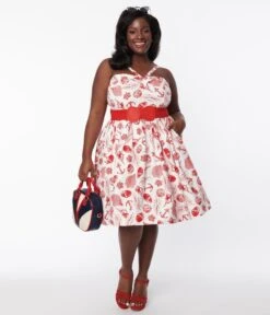 Collectif Plus Size White & Red Sea Shore Print Kiana Swing Dress