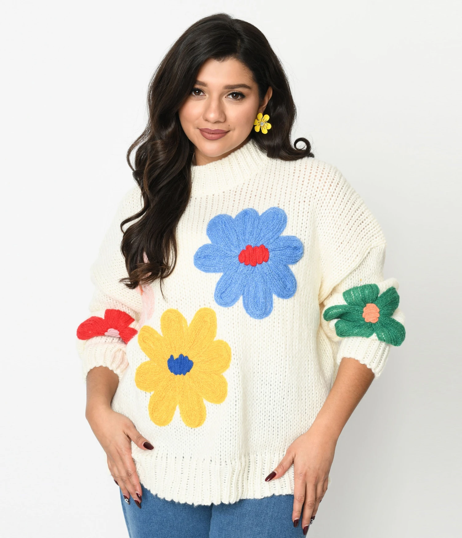 Cream & 3D Multicolor Floral Knit Pullover - Image 2