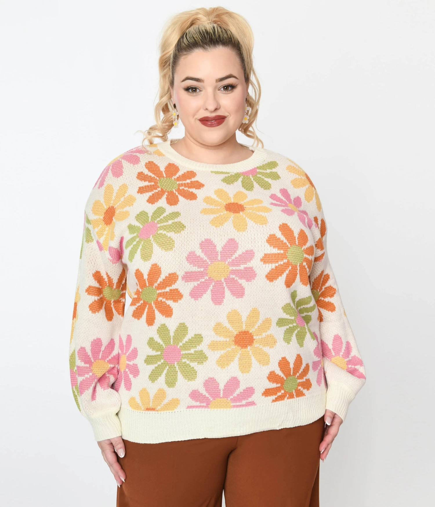 Cream & Multicolor Retro Daisy Pullover Knit Sweater - Image 2